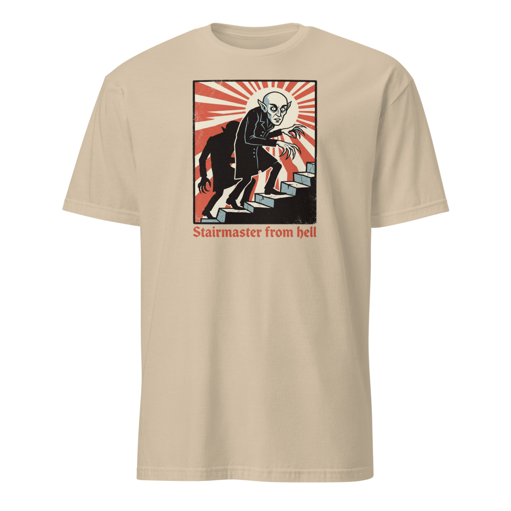Stairmaster From Hell Vintage Vampire Horror Tee — Men's Basic Tee — sand front view