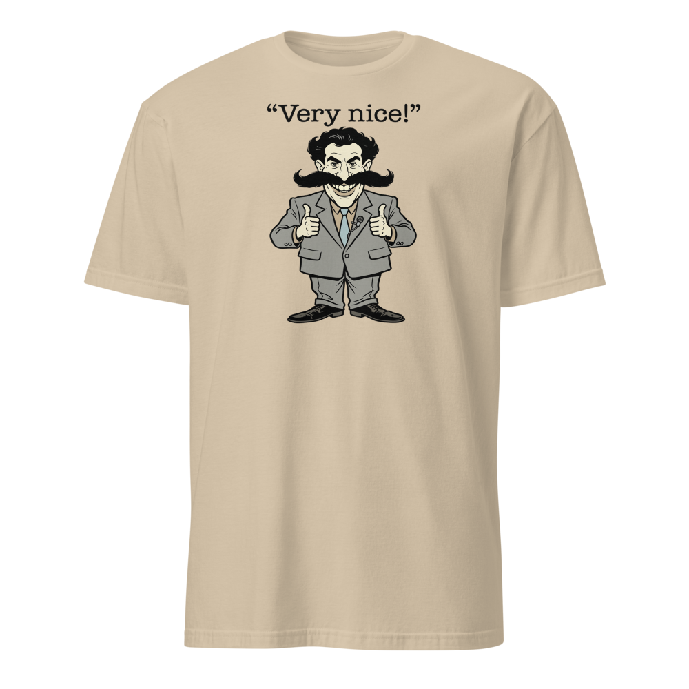 Very Nice Mustache Reporter Thumbs Up Comedy Tee — Men's Basic Tee — sand front view