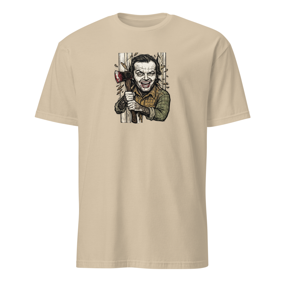 Axe Maniac Door Breach Blackwork Horror Tee — sand front view
