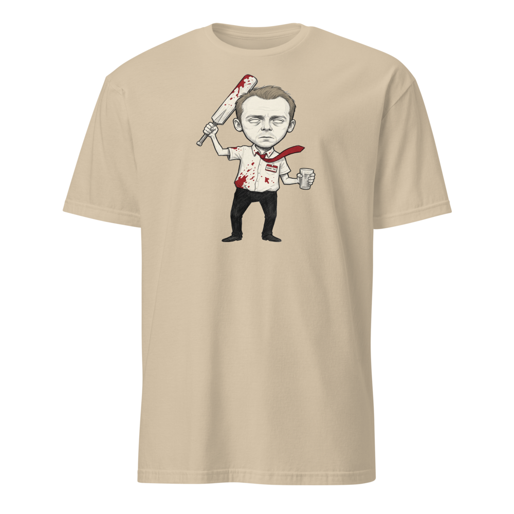 Deadpan Pub Hero Cricket Bat Zombie Sketch Tee — Men's Basic Tee — sand front view