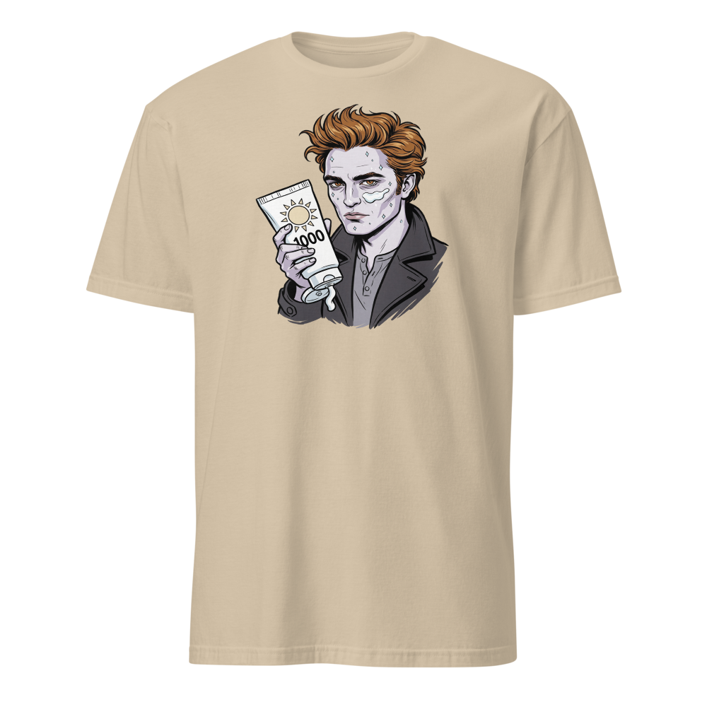 Sparkling Vampire SPF 1000 Sunscreen Parody Tee — Men's Basic Tee — sand front view