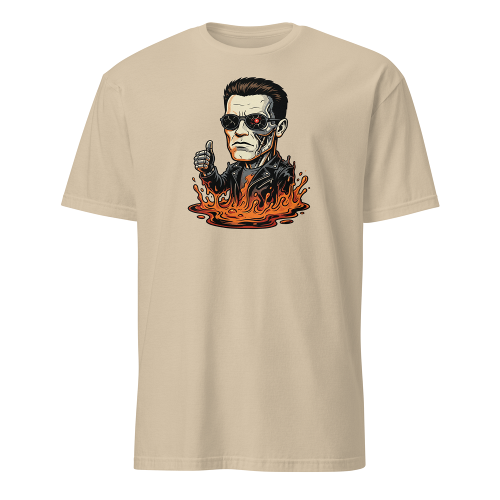 Molten Steel Thumbs Up Cyborg Comic Ink Tee — Men's Basic Tee — sand front view