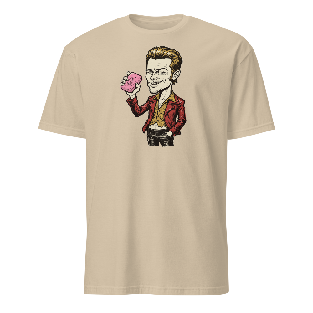 Soap-Pushing Anarchist Punk Caricature Tee — Men's Basic Tee — sand front view