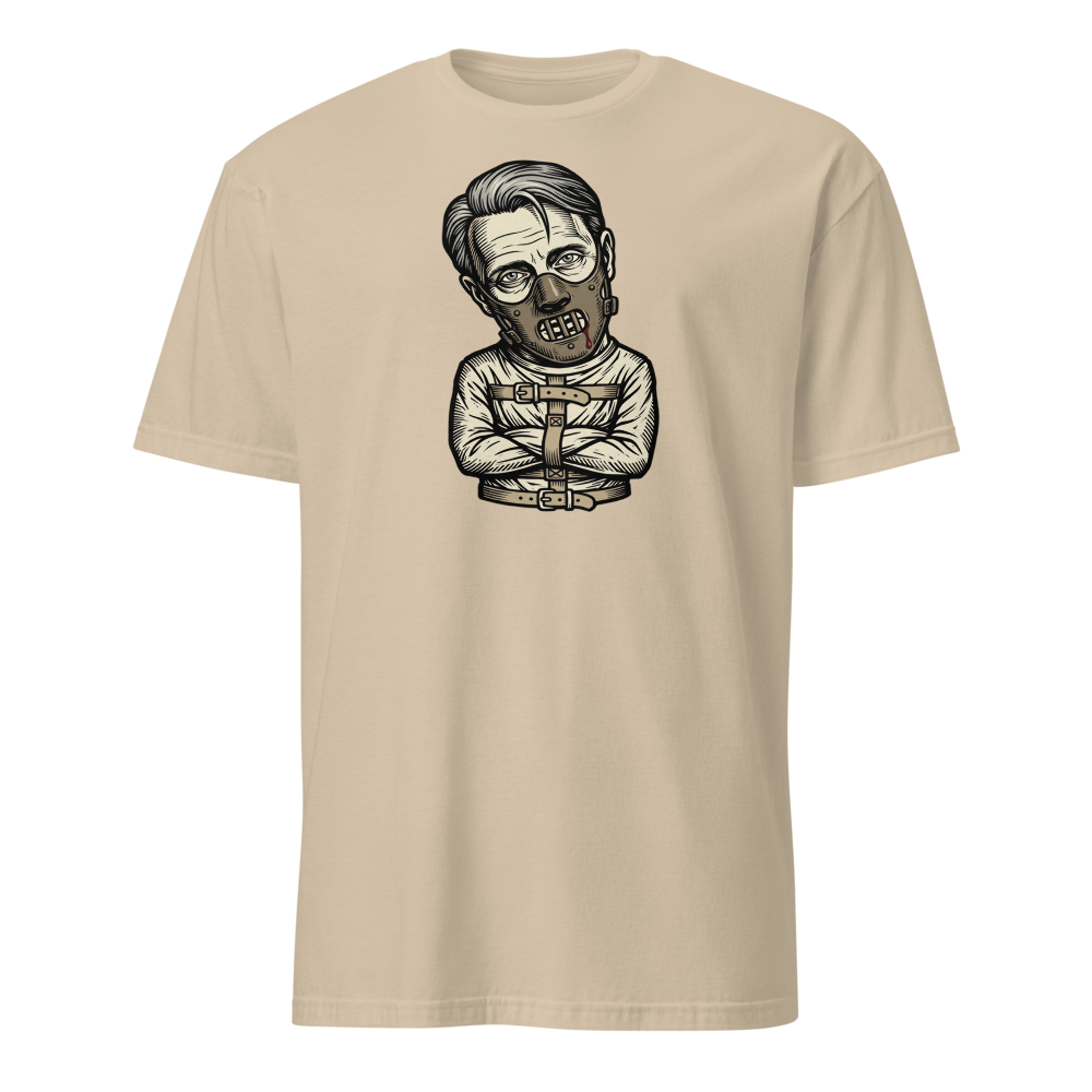 Polite Cannibal Muzzle Mask Linocut Horror Tee â€” Sand front view