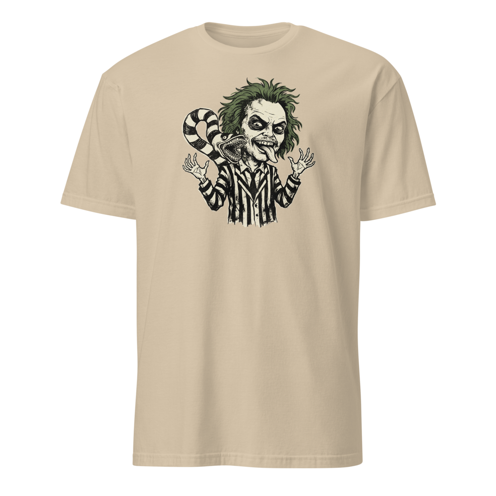 Bio-Exorcist Ghoul Pinstripe Punk Horror Comedy Tee — sand front view