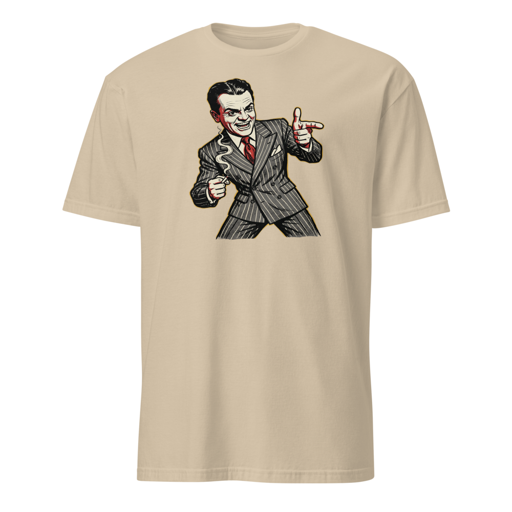 Pinstripe Gangster Finger-Gun Punk Caricature Tee — sand front view