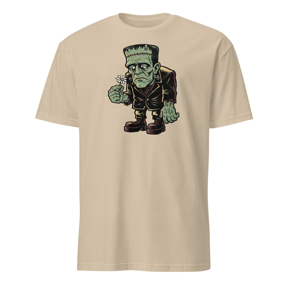 Confused Stitched Monster Holding Daisy Woodcut Tee — sand front view