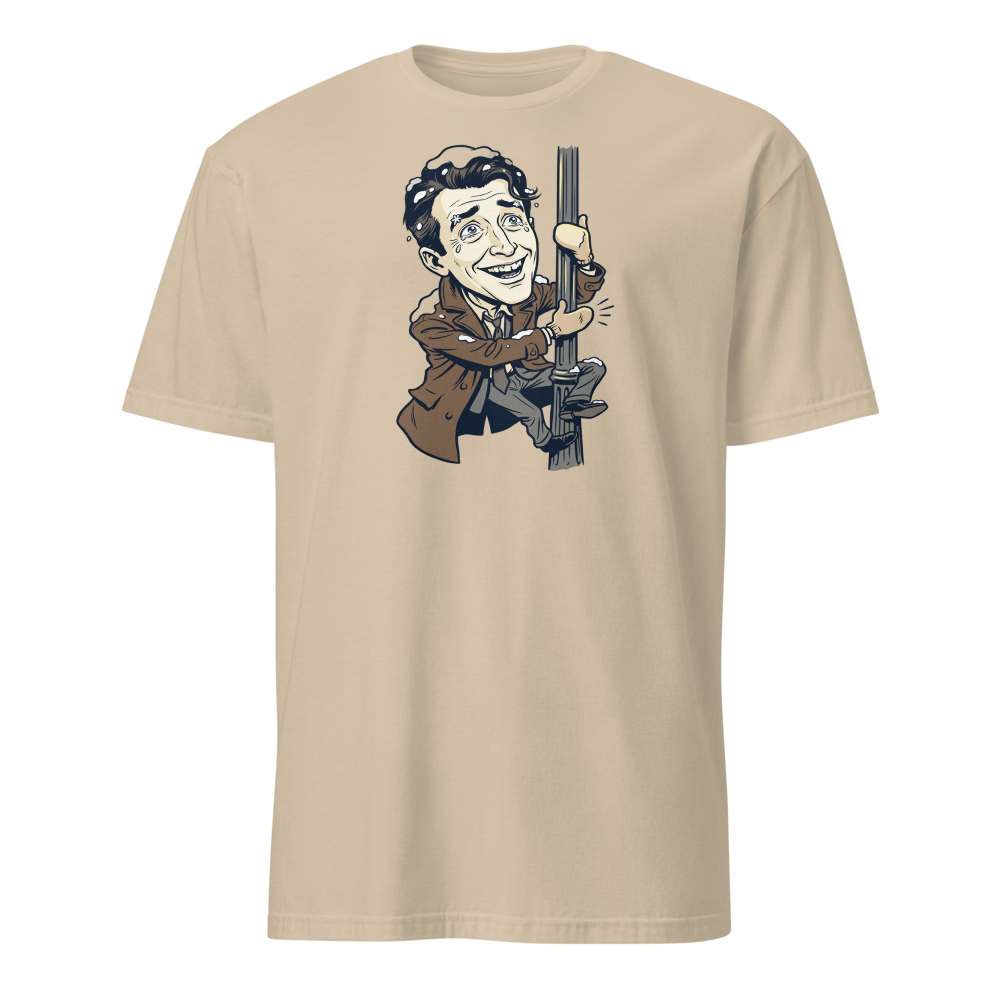 Snowy Lamppost Hug Christmas Movie Caricature T-Shirt — sand front view