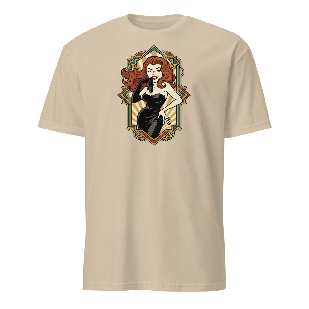 Jazz Age Femme Fatale Glove Peel Deco Tee — sand front view