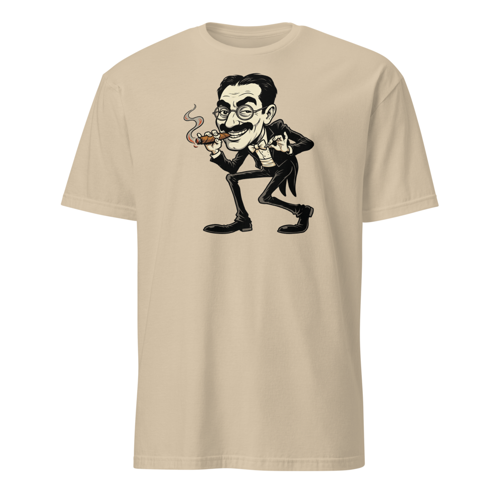 Sneaky Vaudeville Comedian Cigar Caricature Tee — sand front view