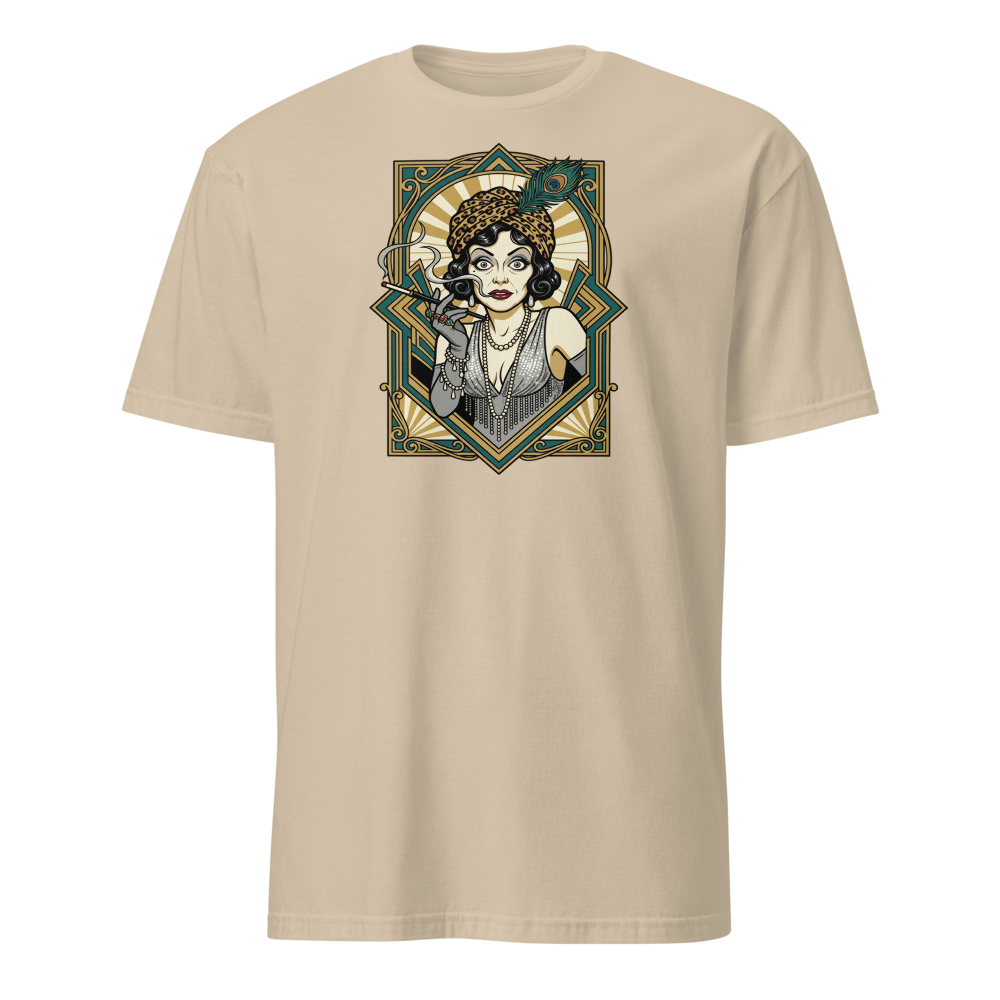 Silent Film Diva Art Deco Jazz Age Glamour Tee — sand front view
