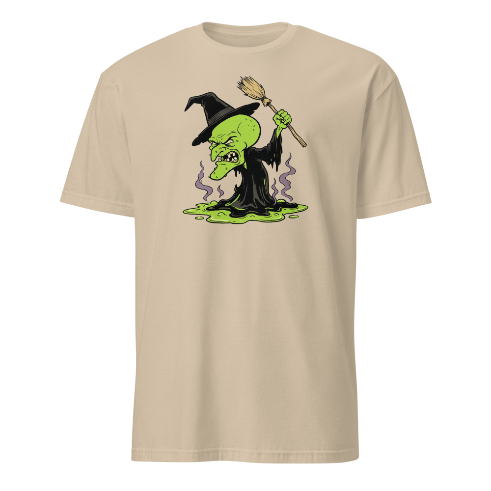 Melting Green Witch Editorial Cartoon Parody Tee — sand front view