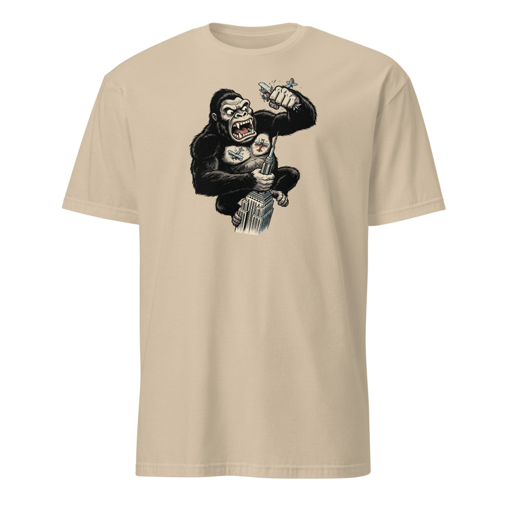 Giant Ape Skyscraper Biplane Smash Comic Tee — sand front view
