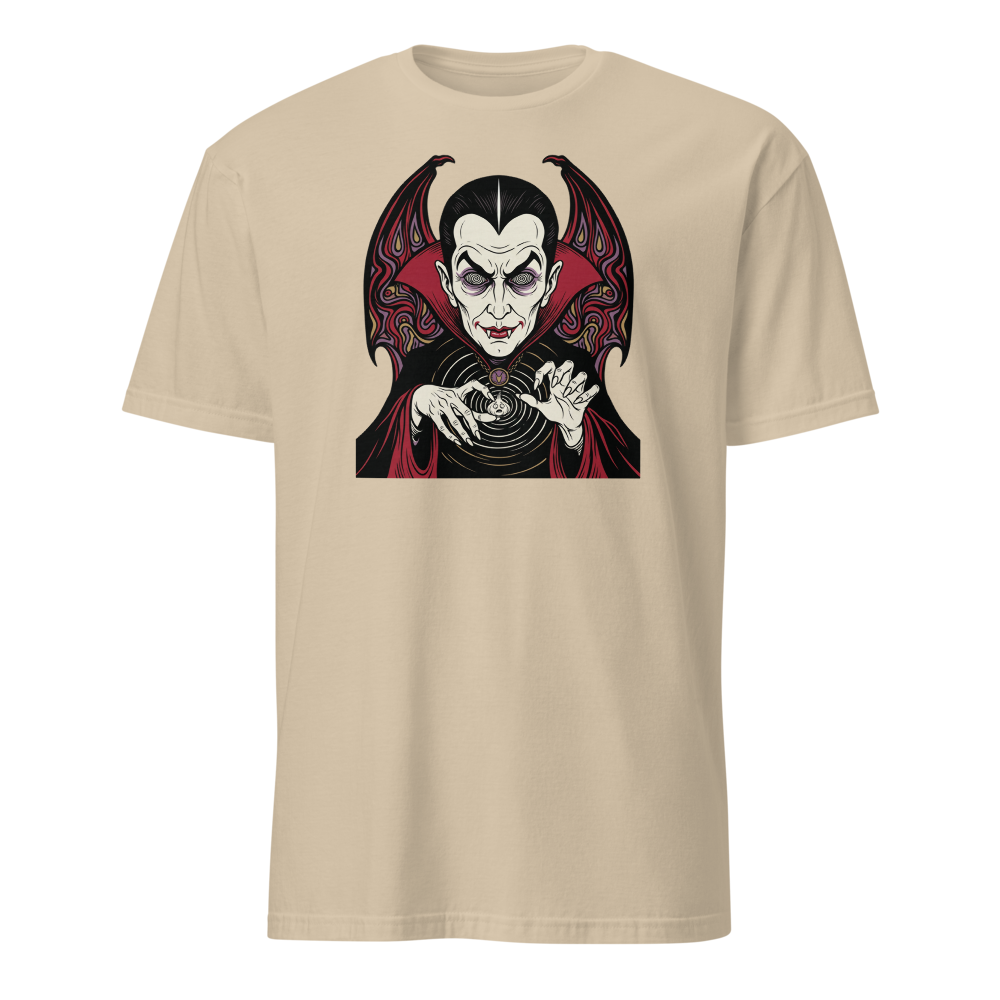 Caped Count Hypnotizes Garlic Psychedelic Horror Tee — sand front view