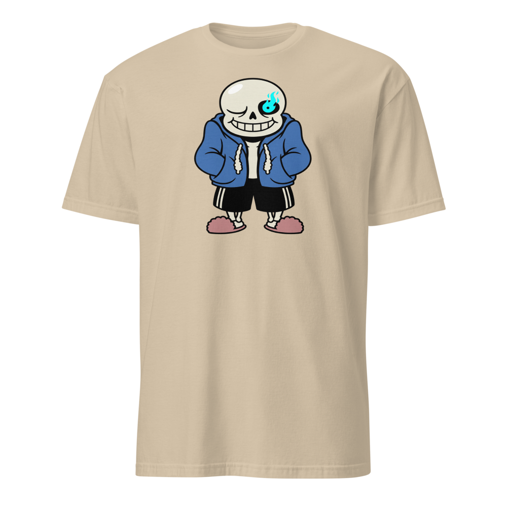 Lazy Skeleton Blue Hoodie Indie RPG Tee — sand front view