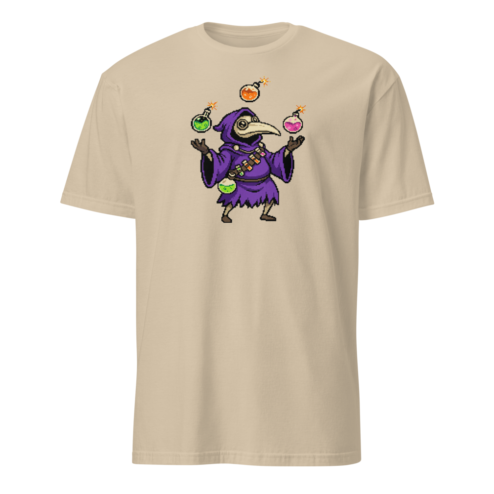 Hooded Pixel Alchemist Potion Juggler Retro Tee — sand front view