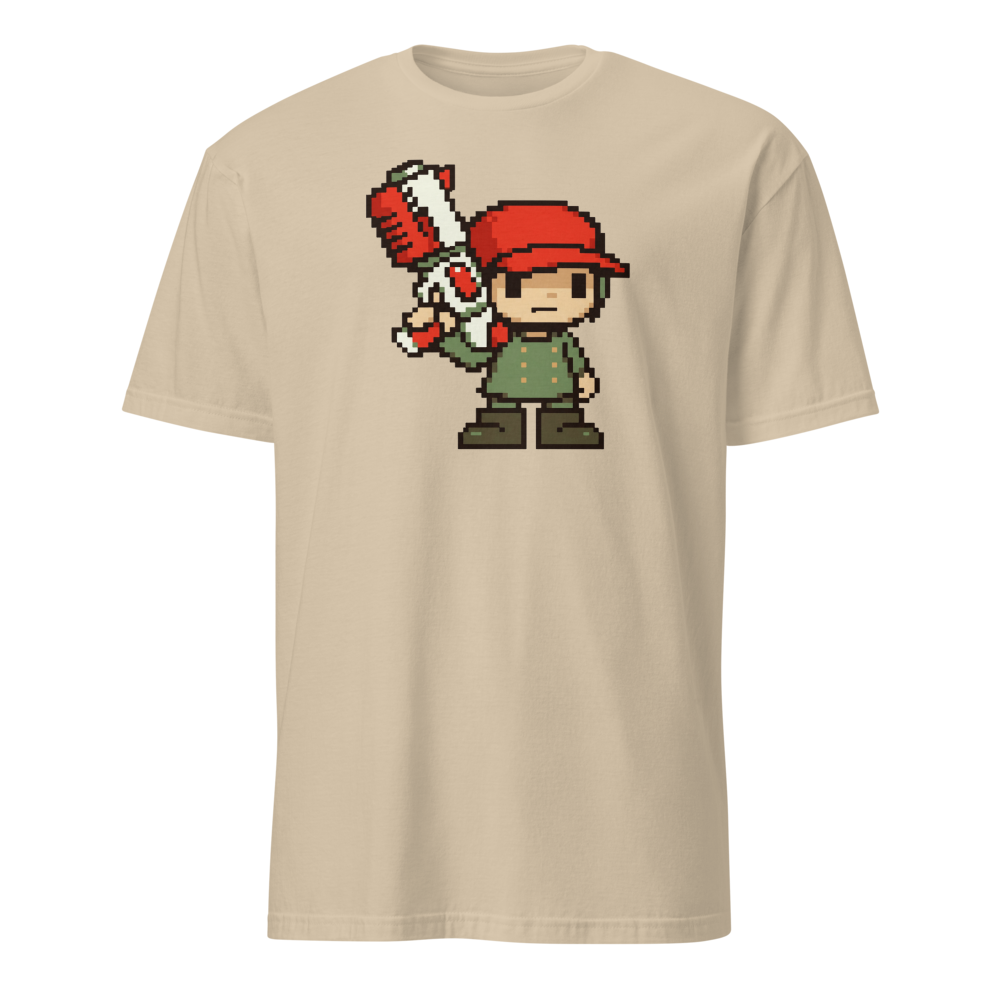 Silent Pixel Hero Oversized Blaster Retro Tee — sand front view