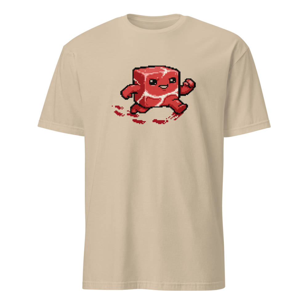 Running Meat Cube 16-Bit Pixel Platformer Tee — sand front view