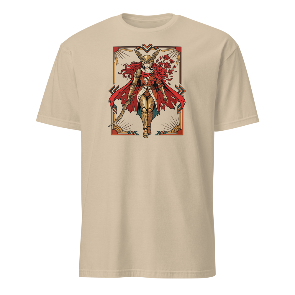 Deco Valkyrie Scarlet Bloom Knight Graphic T-Shirt — sand front view