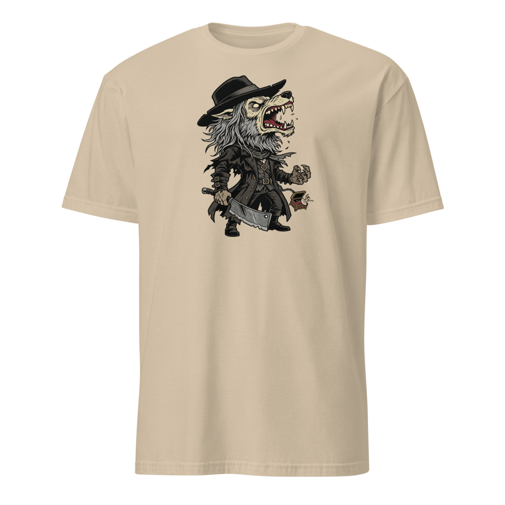 Beast Hunter Howling Tricorn Cleaver Comic Ink Tee — sand front view