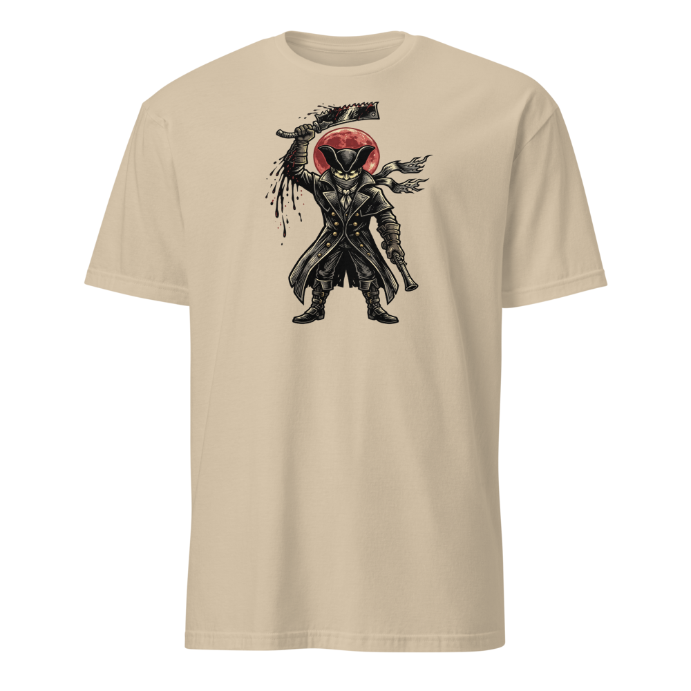 Gothic Hunter Blood Moon Linocut Horror Tee — sand front view