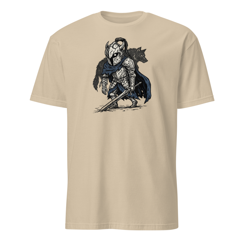 Broken Knight Abysswalker Blackwork Linocut Tee — sand front view