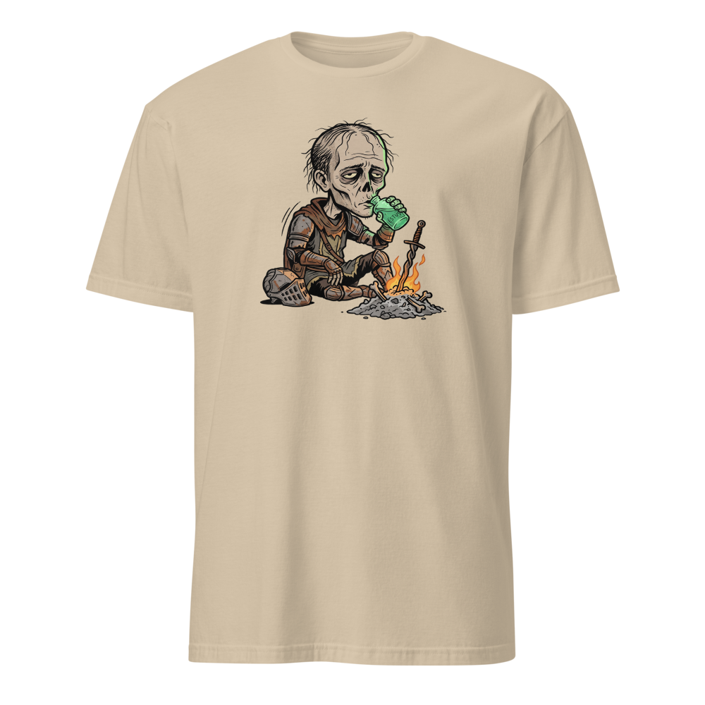 Hollow Knight Bonfire Estus Coffee Soulslike Parody Tee — sand front view