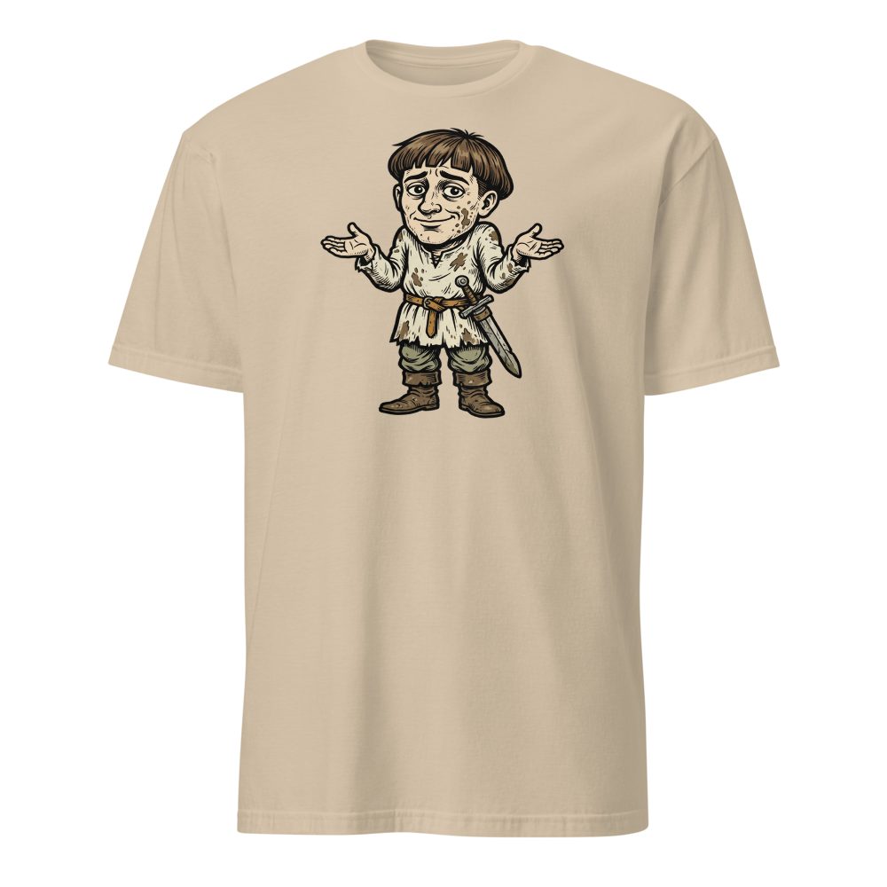 Medieval Peasant Shrug Woodcut Retro RPG Tee — sand front view