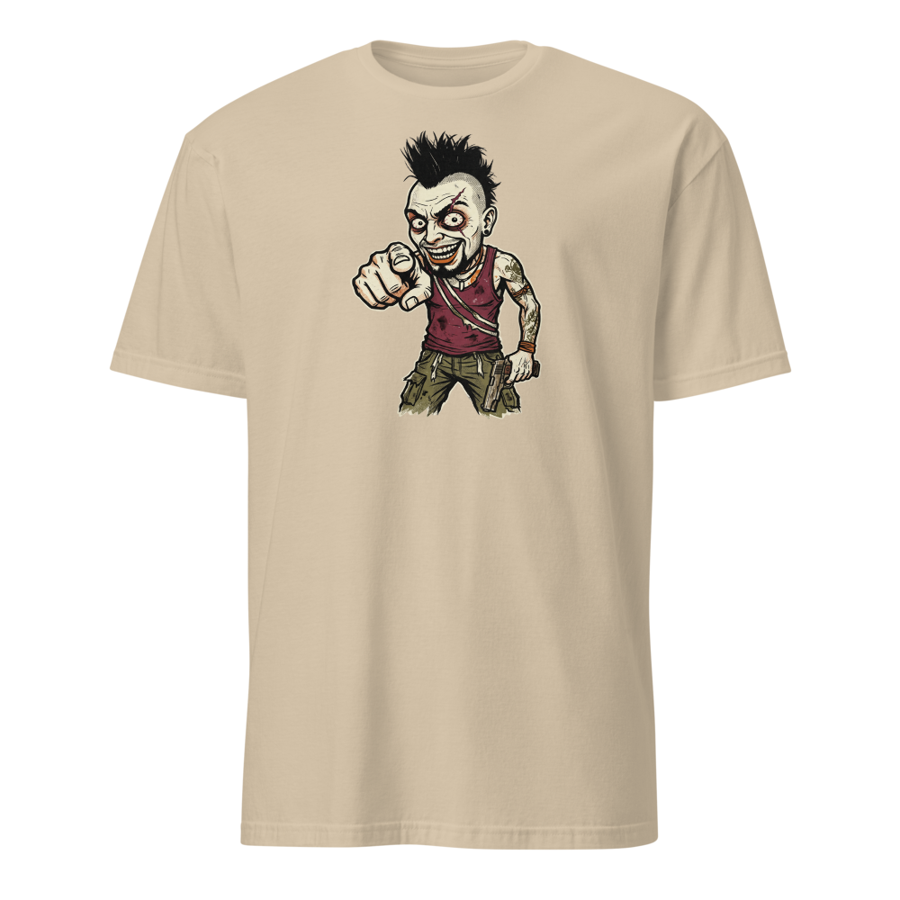 Unhinged Jungle Warlord Punk Caricature Tee — sand front view
