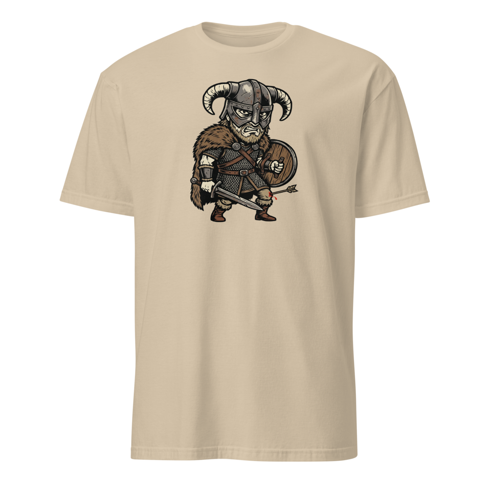 Horned Helmet Hero Arrow To The Knee Woodcut Tee — sand front view