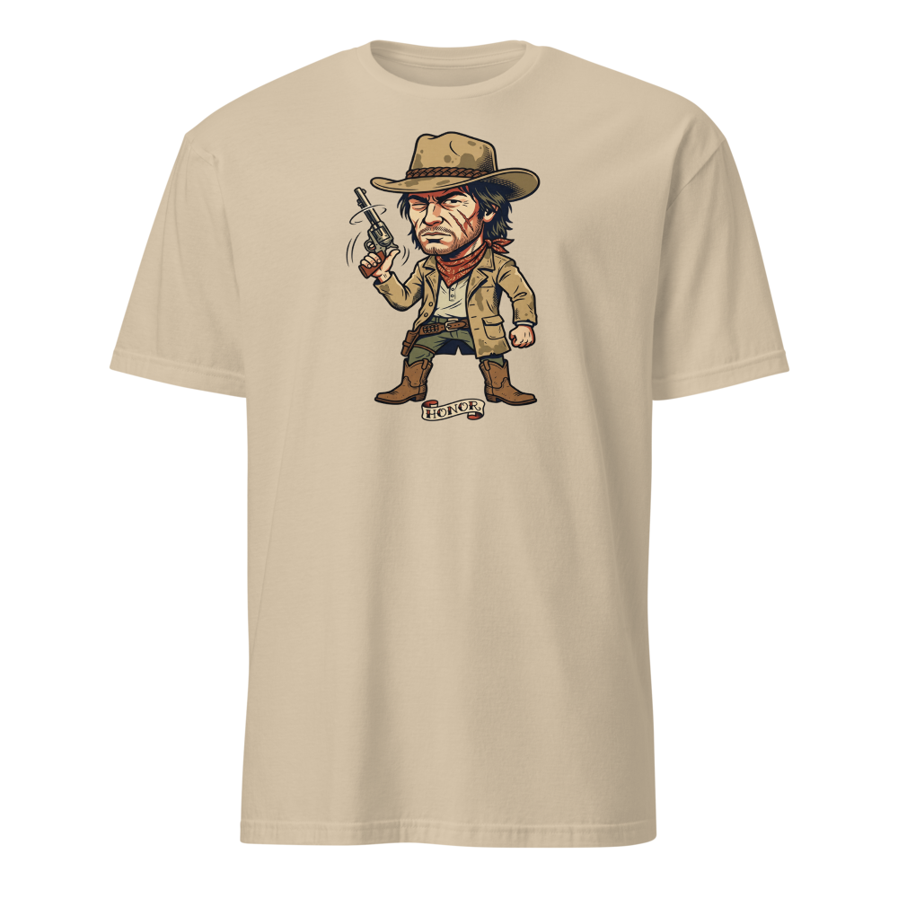 Scarred Outlaw Revolver Spinner Tattoo Flash Tee — sand front view