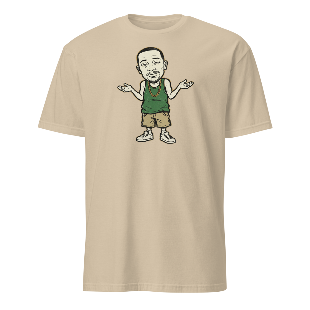 Here We Go Again Open-World Shrug Punk Tee — sand front view