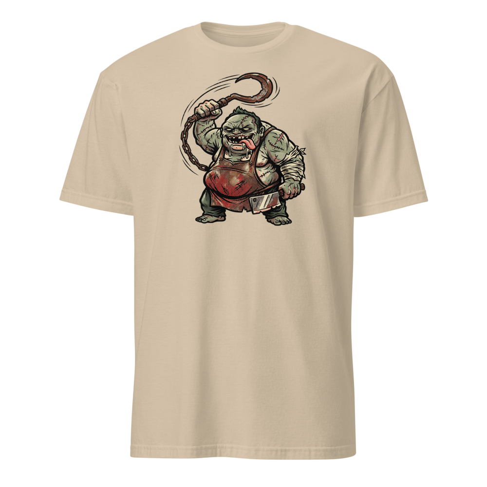 Butcher Hook Pop Art Halftone Gaming Tee — sand front view