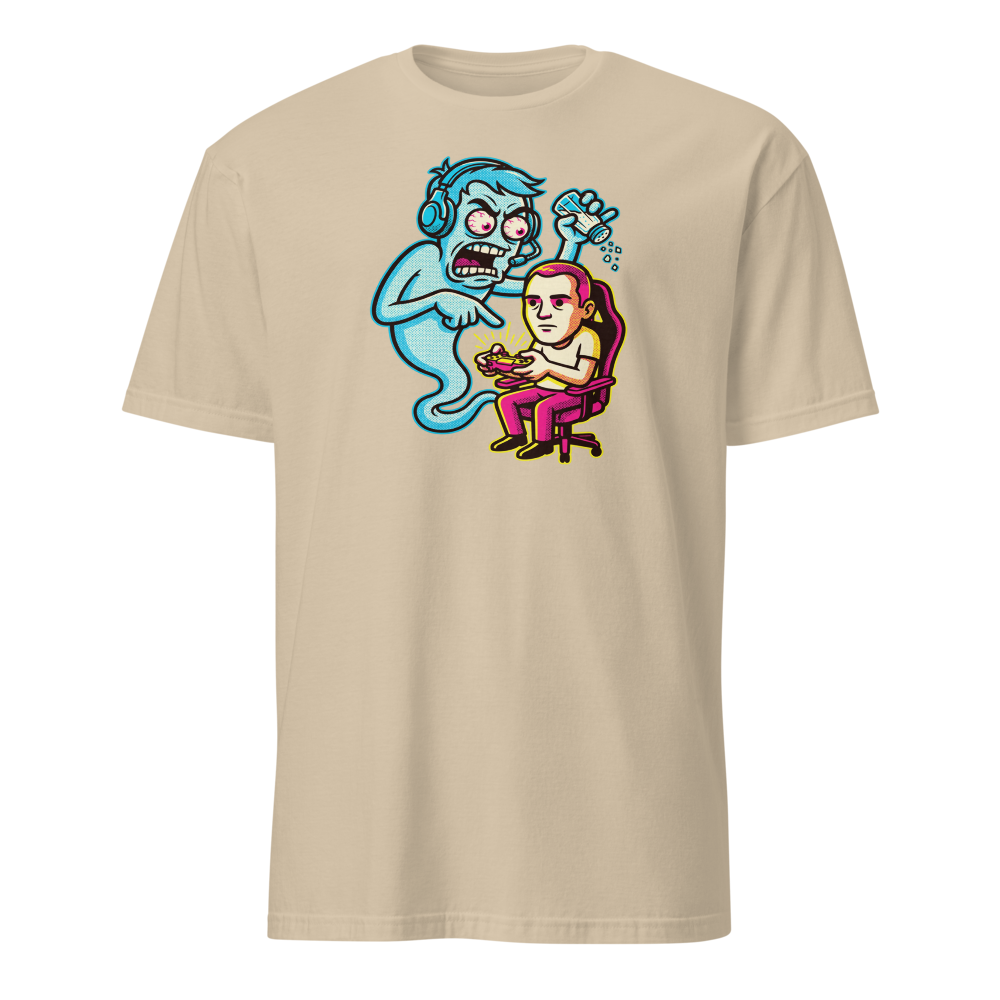 Salty Ghost Backseat Gamer Halftone Pop Art Tee — sand front view