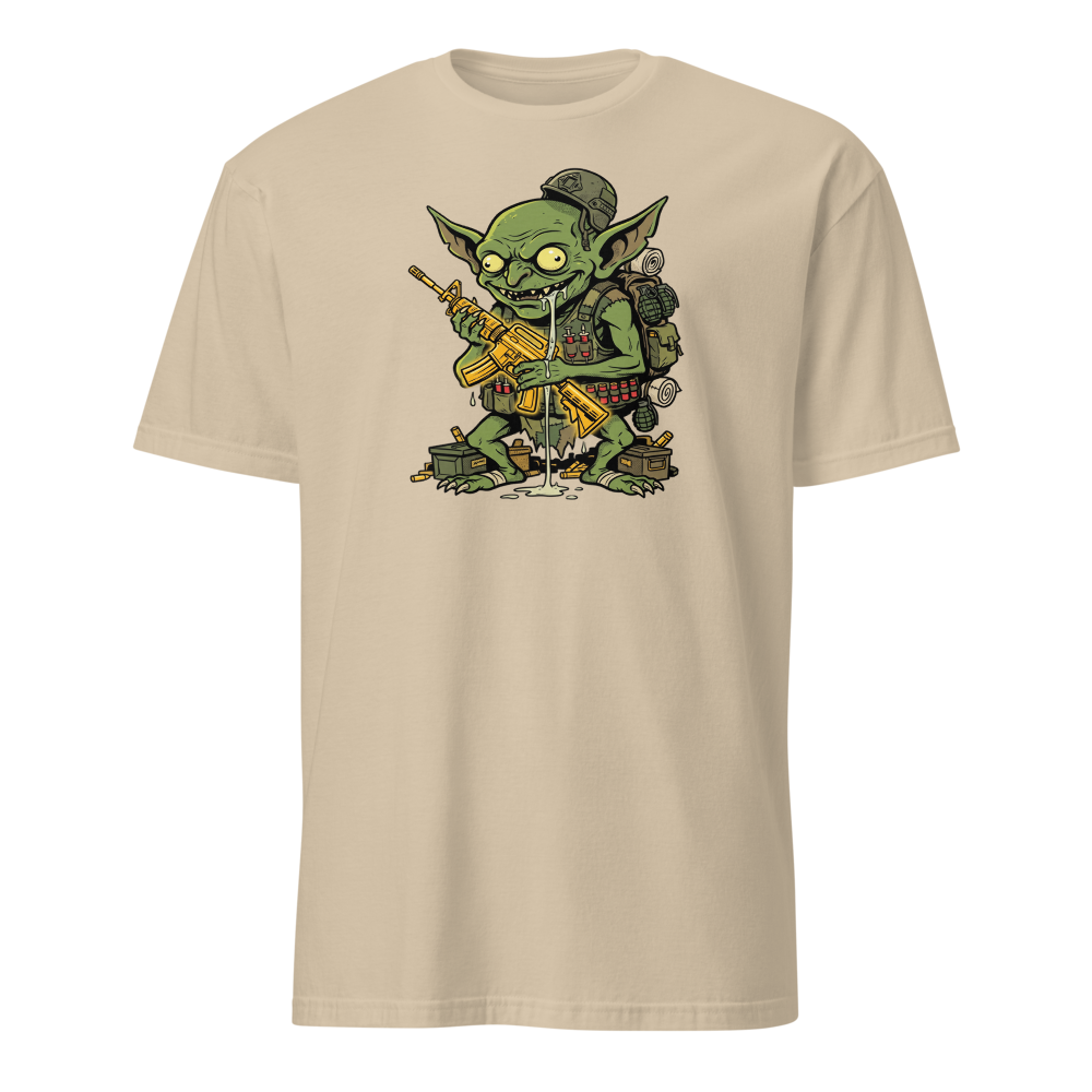 Loot Gremlin Gold Rifle Battle Royale Gamer Tee — sand front view