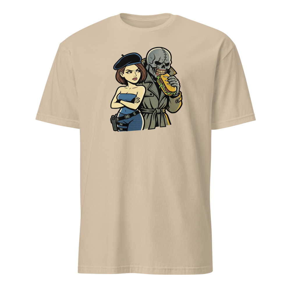 Parisian Beret Survival Horror Sandwich Parody Tee — sand front view