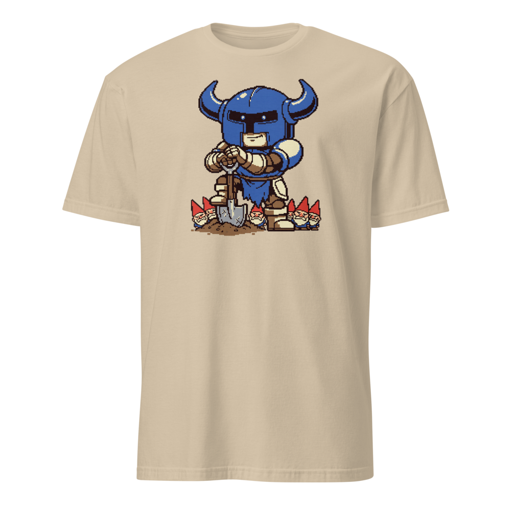 Pixel Knight Gnome Gardener Retro 16-Bit Gaming Tee — sand front view