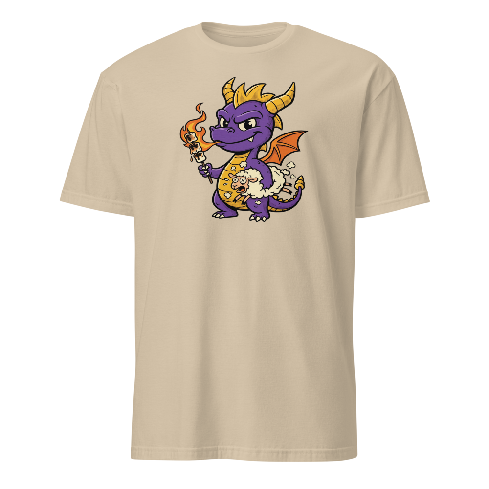 Purple Dragon Marshmallow Roast Retro Gamer Tee — sand front view