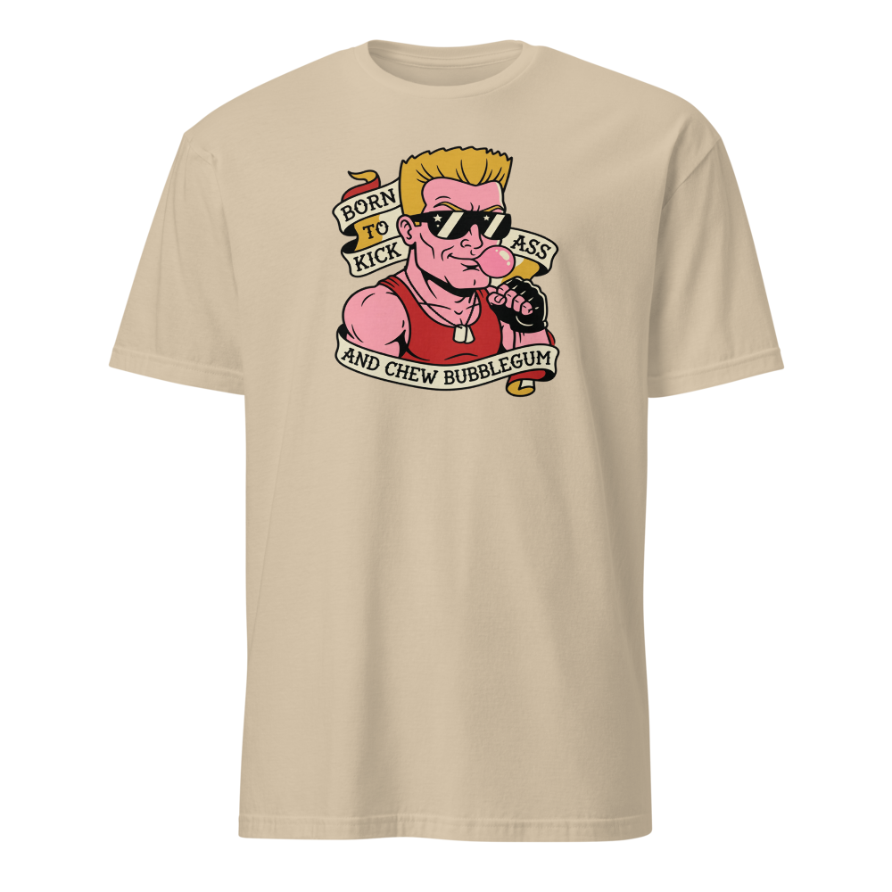 Bubblegum Action Hero Traditional Tattoo Flash Tee — sand front view
