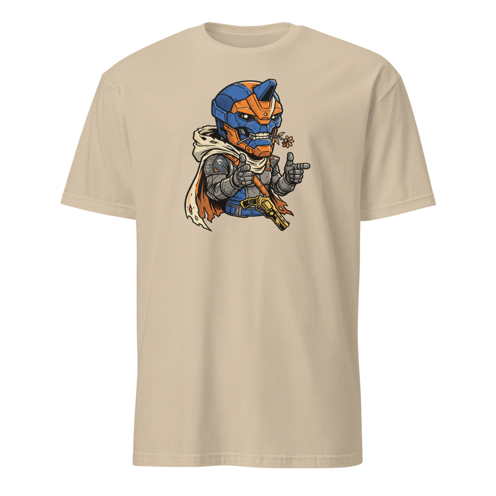 Wisecracking Exo Gunslinger Halftone Pop Art Tee — sand front view