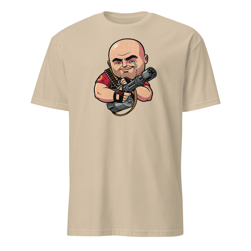 Big Russian Gunner Minigun Hug Pop Art Tee — sand front view