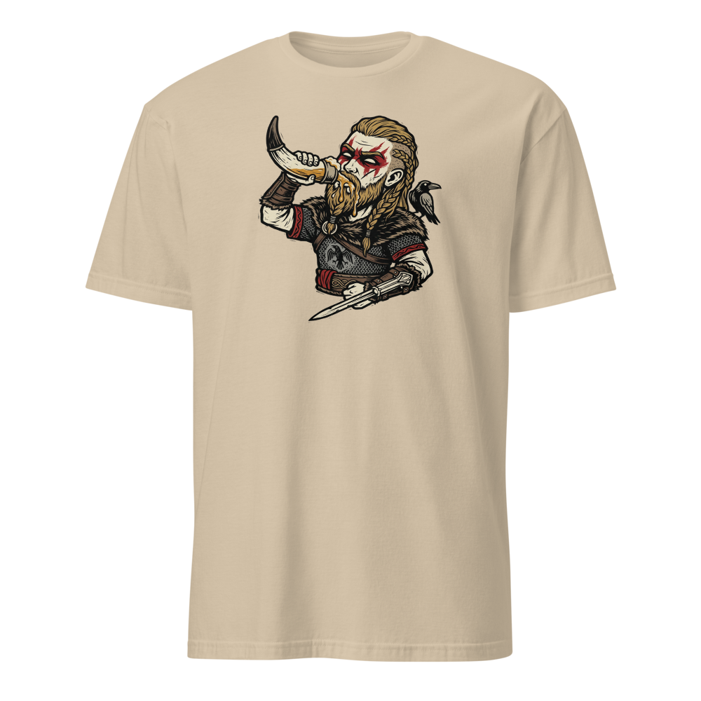 Viking Raider Mead Horn Hidden Blade Woodcut Tee — sand front view