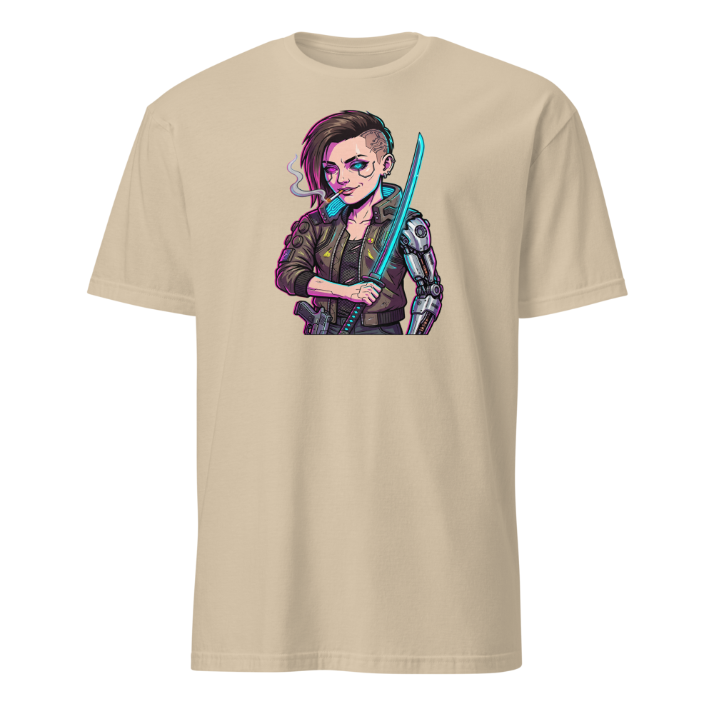 Neon Night City Chrome Merc Katana Tee — sand front view