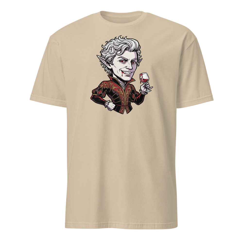 Smug Vampire Elf Rogue Comic Ink Tee — sand front view