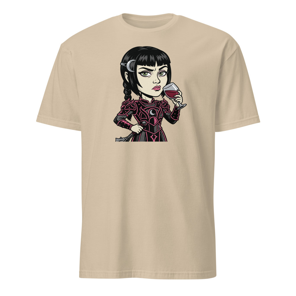 Moody Cleric Wine Judgment Comic Ink RPG Tee — sand front view