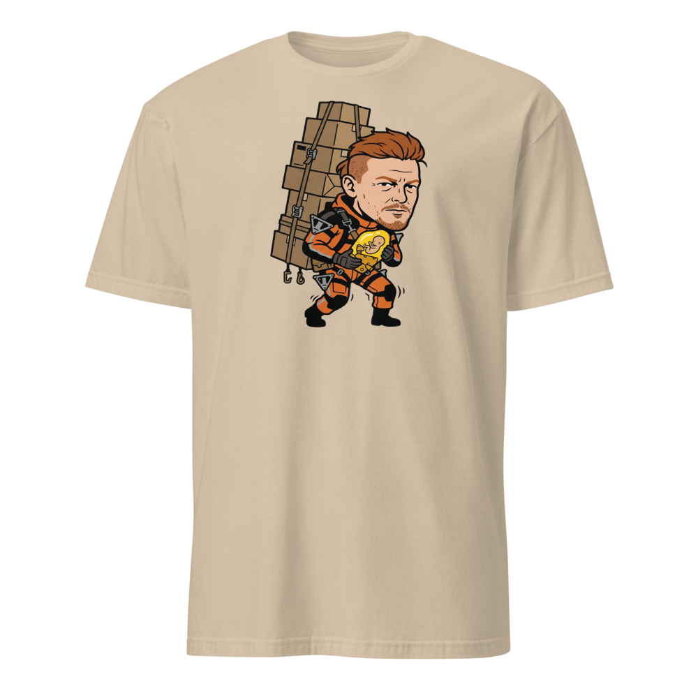 Overworked Courier Parcel Tower Delivery Tee — sand front view