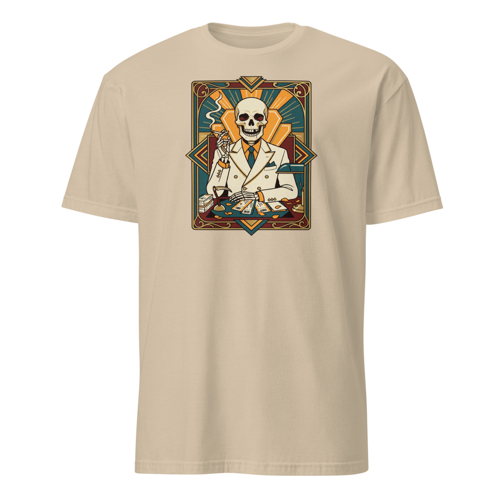 Skeleton Travel Agent Art Deco Noir Tee — sand front view