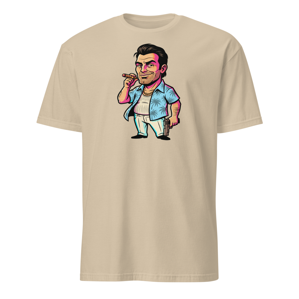 Tropical Mobster Halftone Pop Art Neon Miami Tee — sand front view