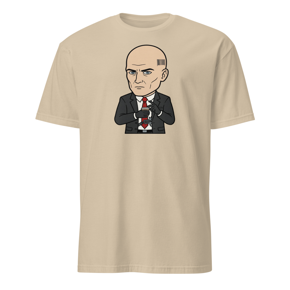 Deadpan Bald Assassin Cappuccino Order Tee — sand front view