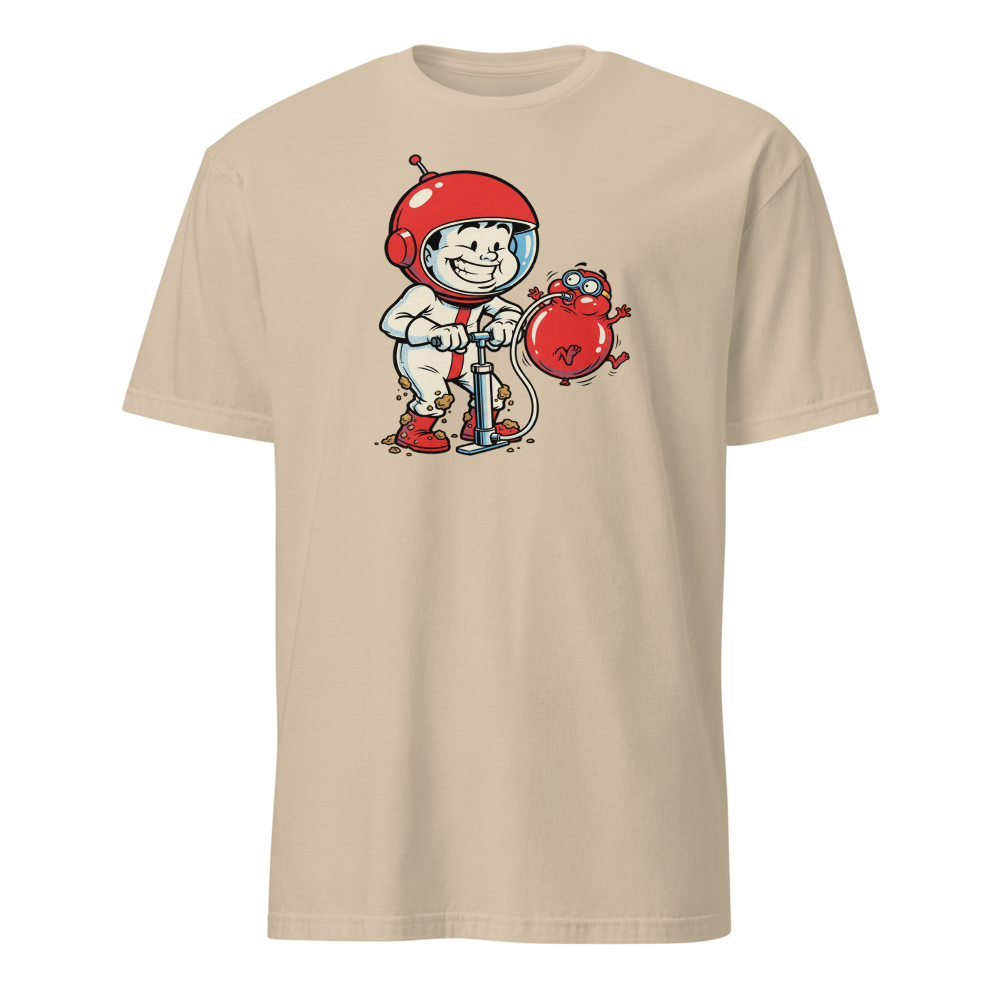 Retro Arcade Pump Clown Comic Ink Graphic Tee — sand front view